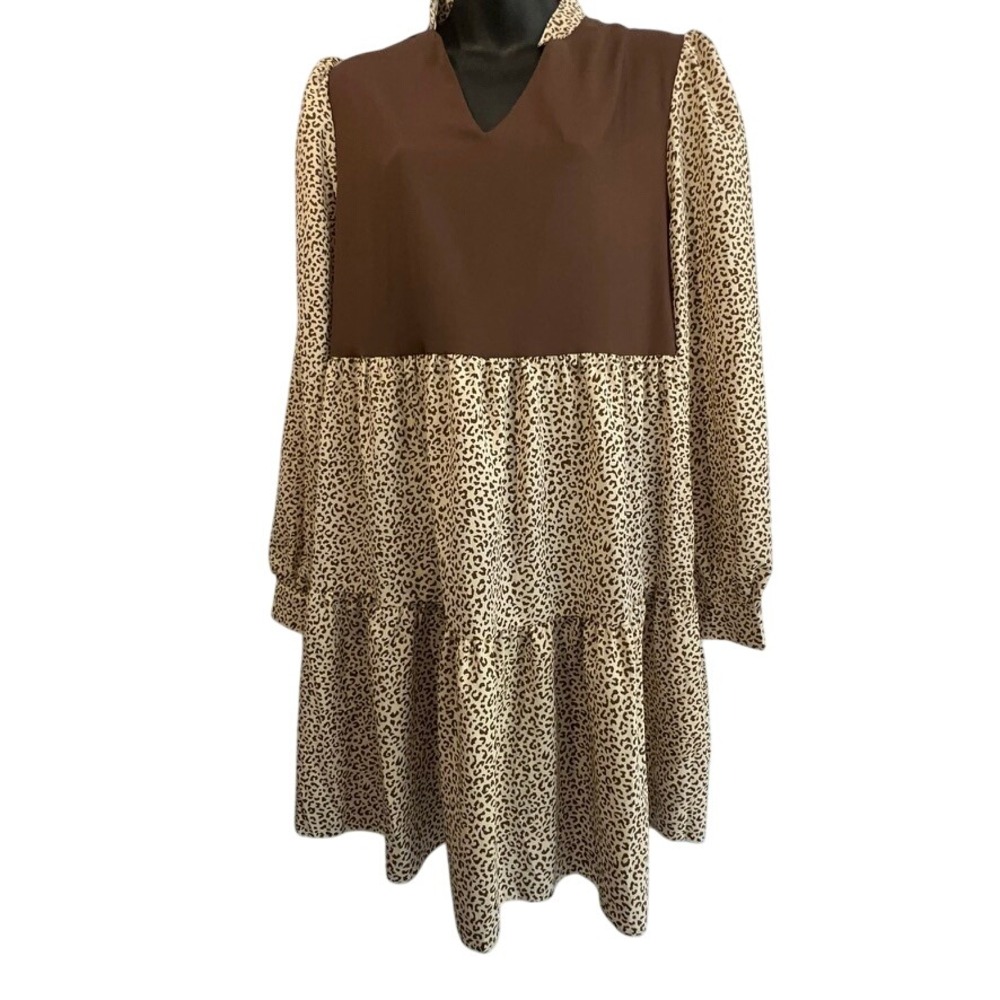 Emery Rose Leopard Print Babydoll Dress Brown Sleeves Tiered Casual SZ L